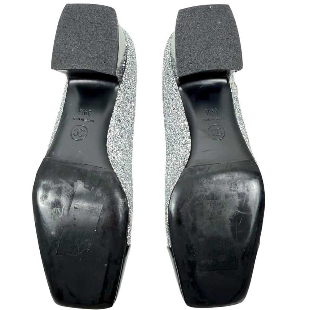 Chanel Glitter Patent Leather Cap Toe Mary Jane Pumps Silver Size 39.5 - Picture 10 of 12